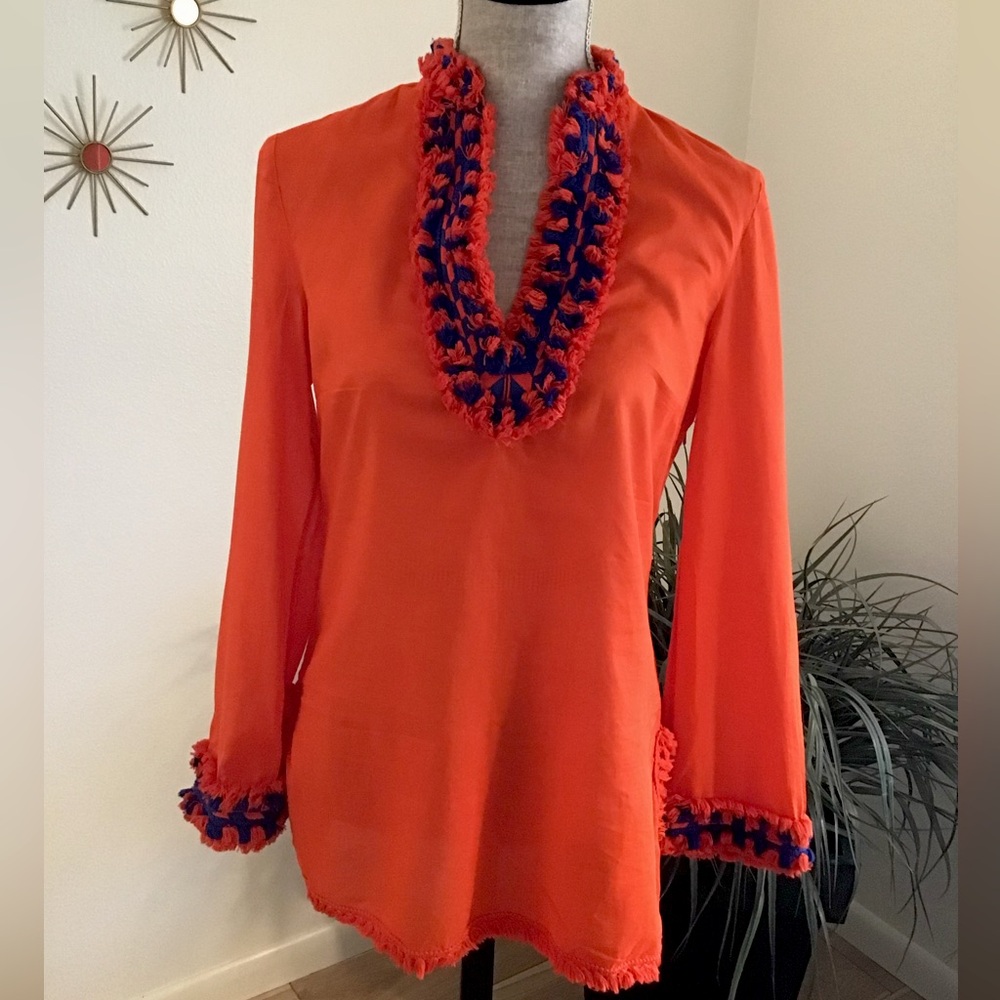 TORY BURCH tunic cover up beach cover top fringed samba Sz:4  EUC